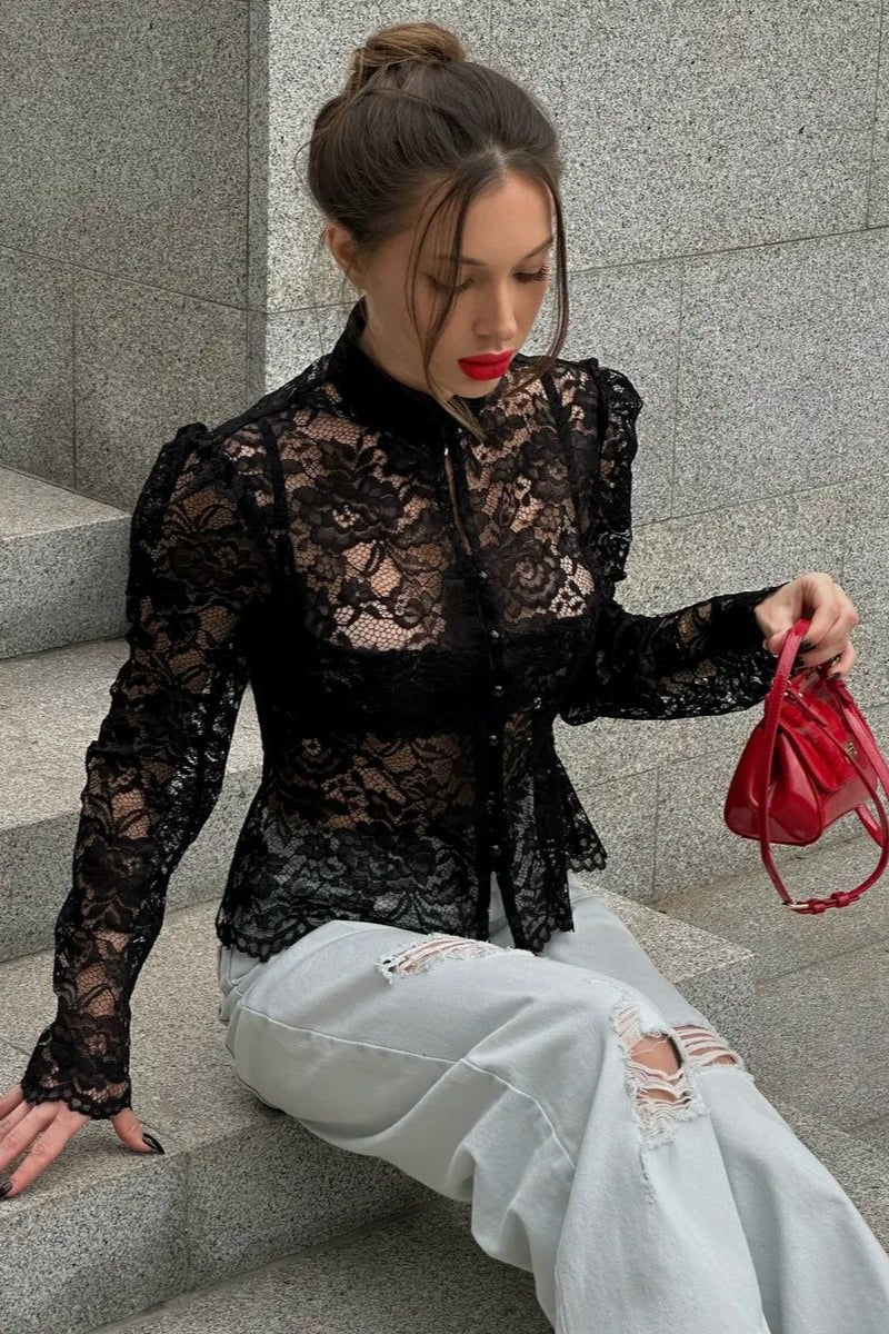 Lace Puff Sleeve Stand Collar Elegant Blouse