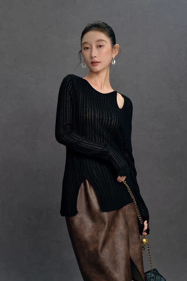 Yaohua Xiyan French Elegant Wool Openwork Ribbed Knit Top