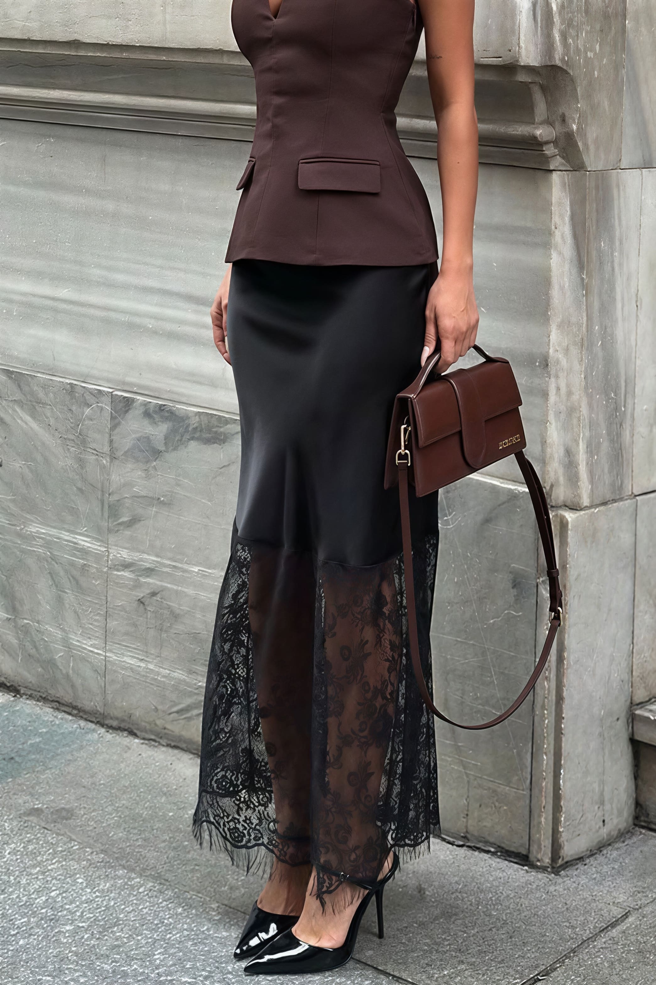 Vintage-Spitzen-Patchwork-Körperbetonter Midi-Rock