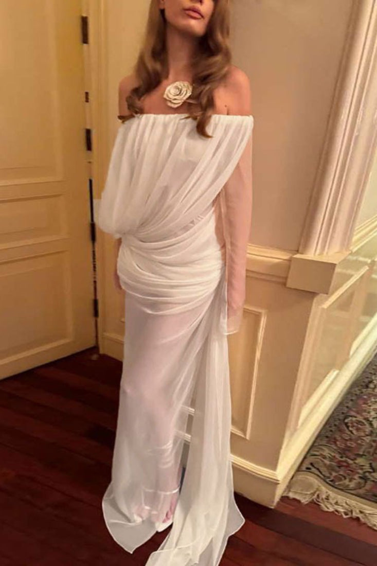 Solides Netz Durchscheinendes Schulterfreies Kleid mit Raffung Elegantes Maxikleid