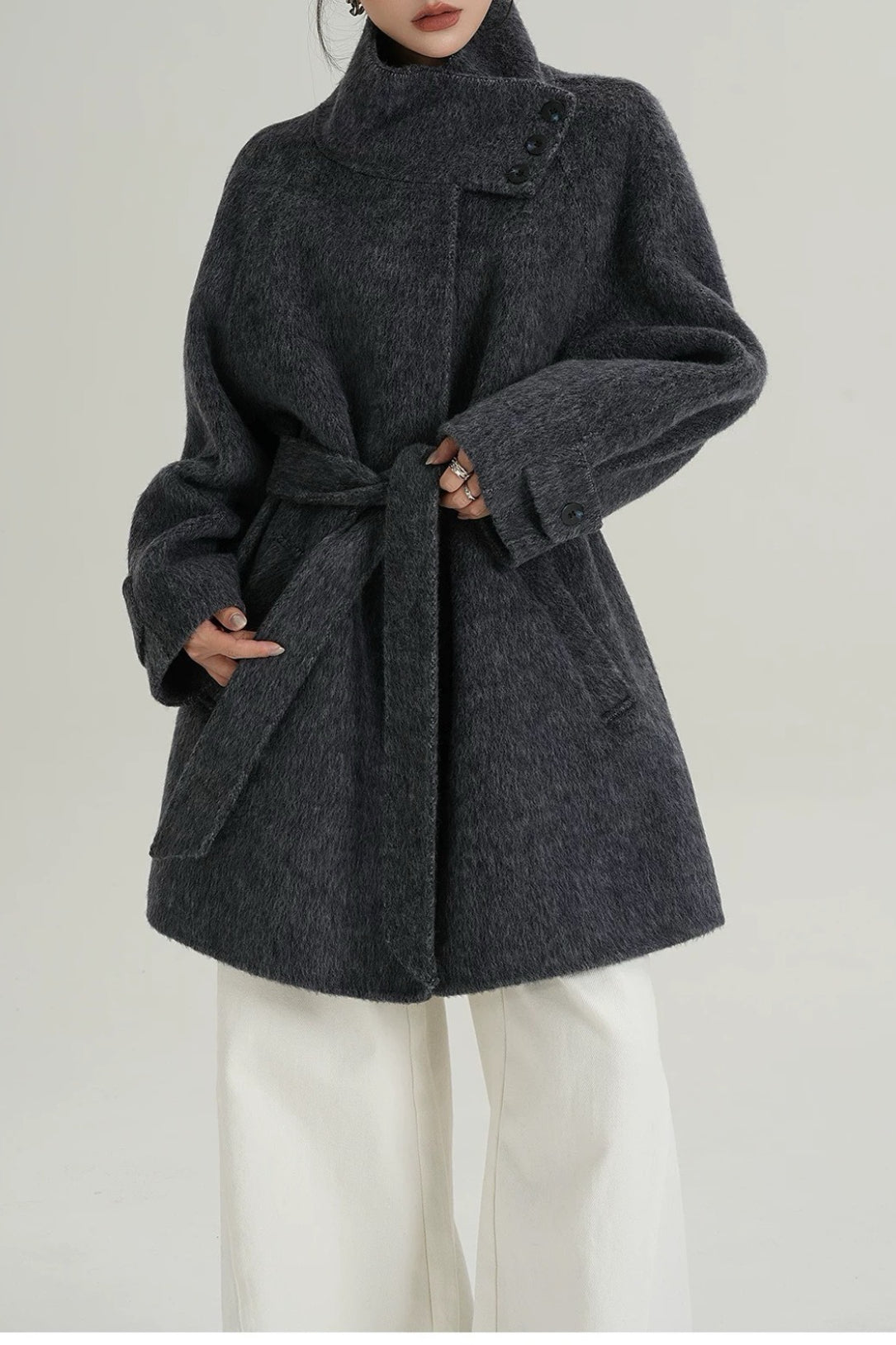 Abrigo suelto de lana sólida cálido con cuello alto simulado elegante