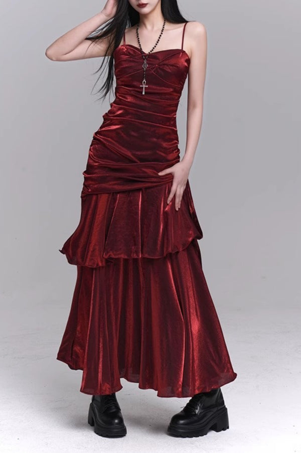 Asymmetrical Burgundy Ruffled Cami Party Dress