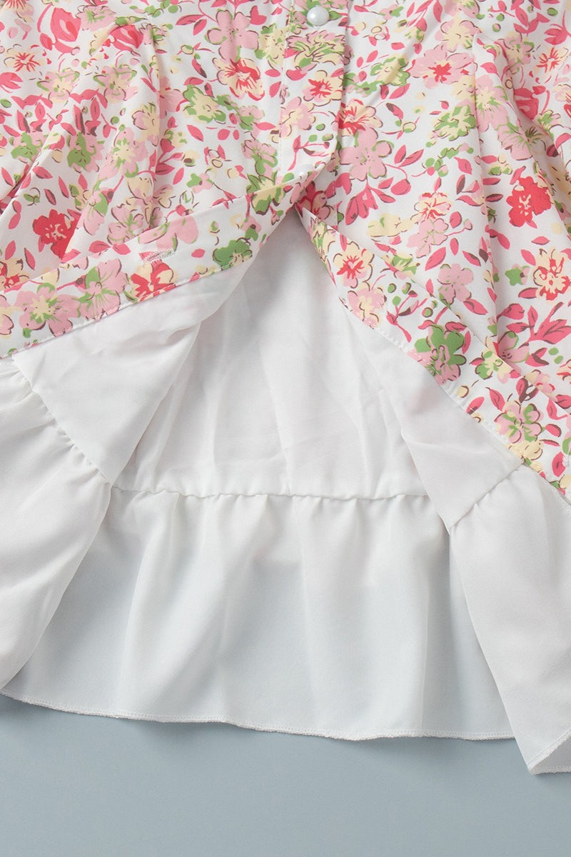 Peter-Pan-Kragen Blumiges Kleid mit Puffärmeln und Knöpfen, Mini-Länge