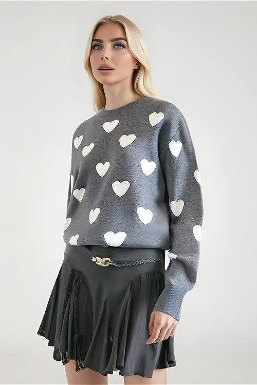 Heart-Accented Crew-Neck Long-Sleeve Loose Sweater