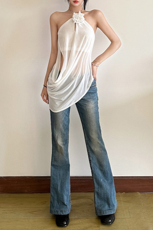 Blusa Halter Solta, Fluida, Costas Nuas e Cor Sólida