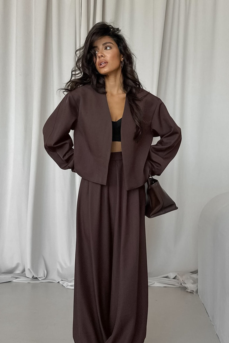 Solid V-neck Cardigan Tapered Two Piece Set