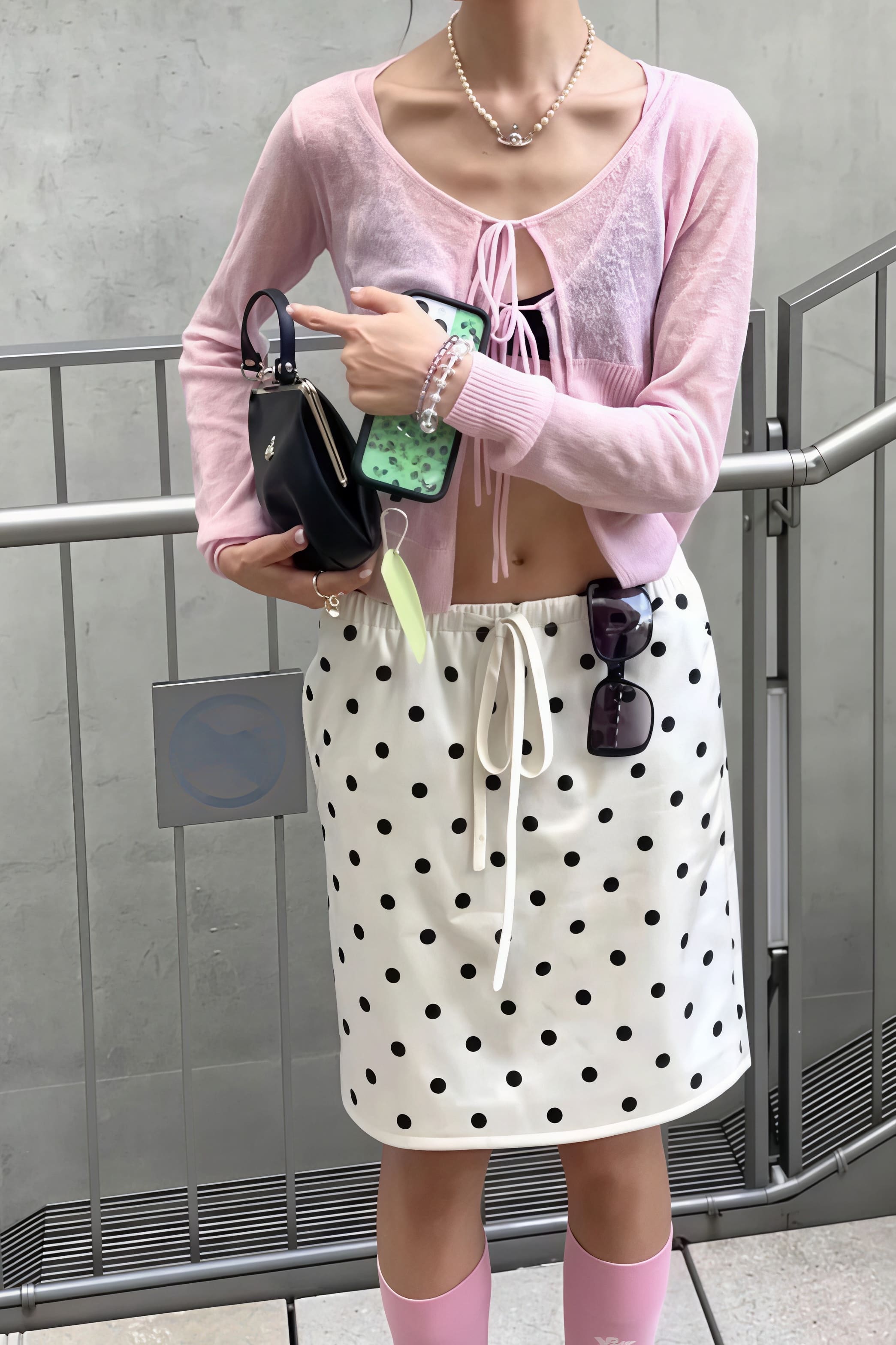 Vintage Satin Polka Dot Drawstring Midi Skirt