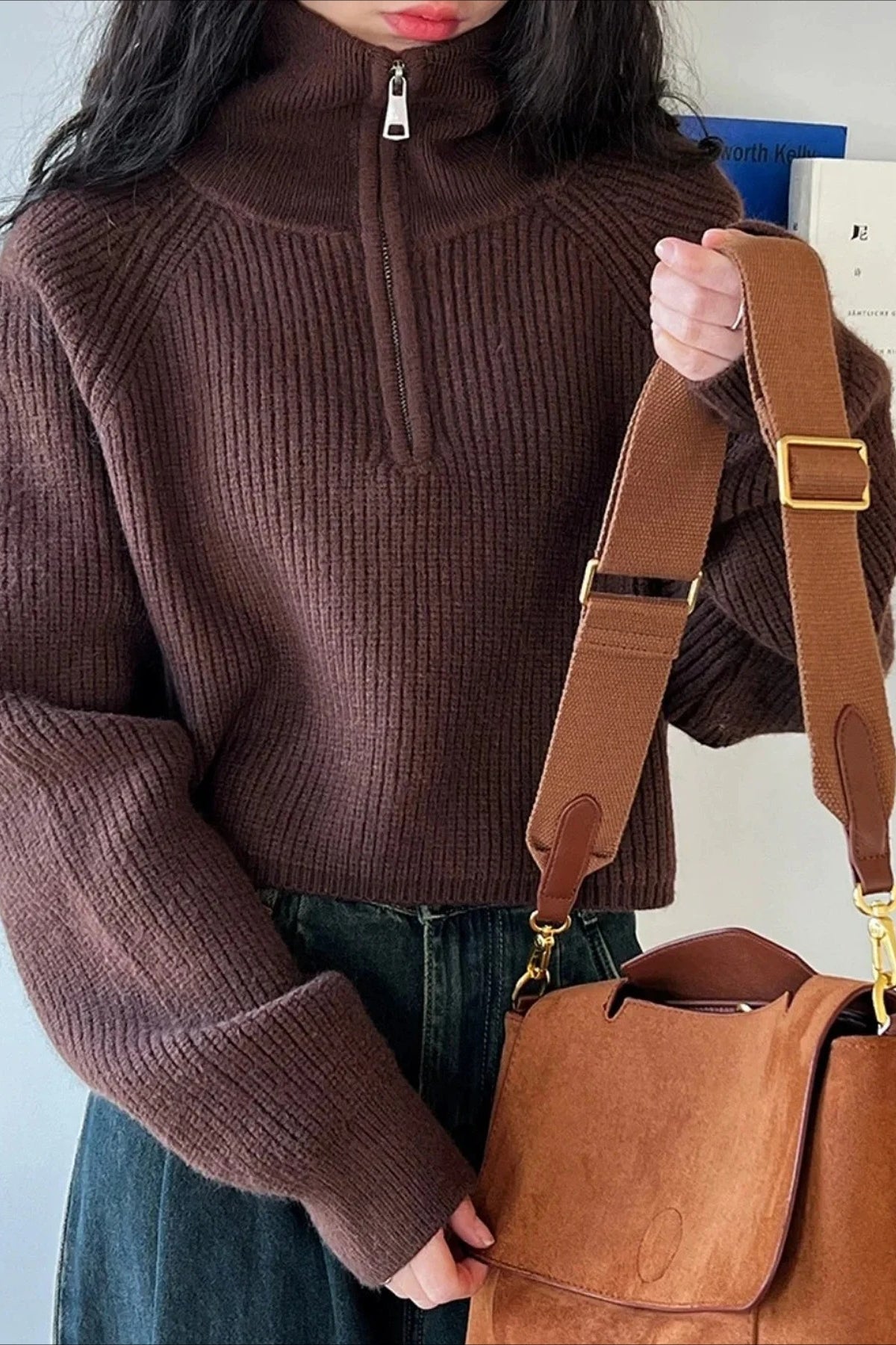 Pullover mit halbem Reißverschluss und Rollkragen aus Strick