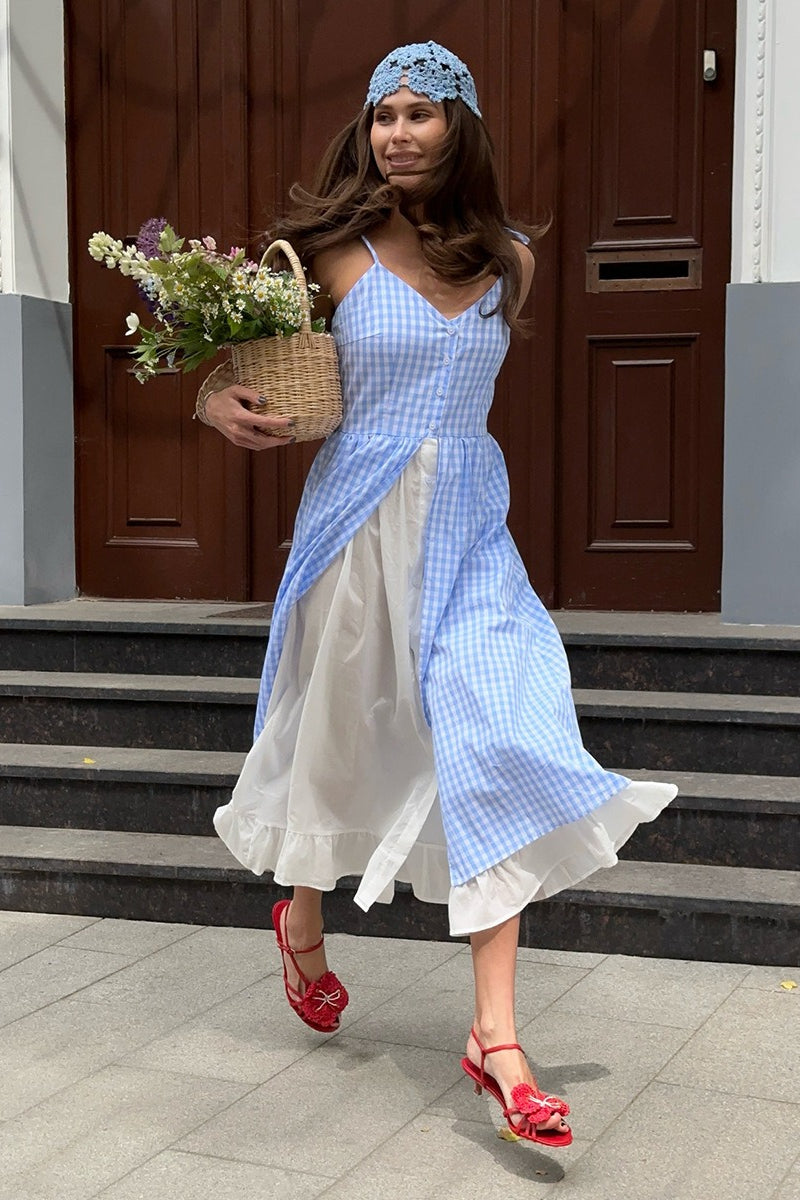 Plaid Fake Two-Piece Single Breasted Spaghetti Strap Midi Dress