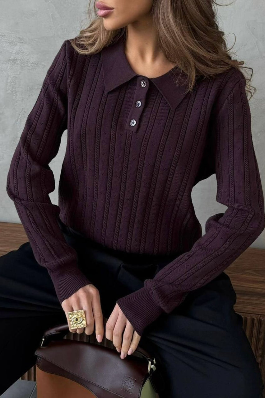 Jacquard Polo Collar Long Sleeve Loose Blouse