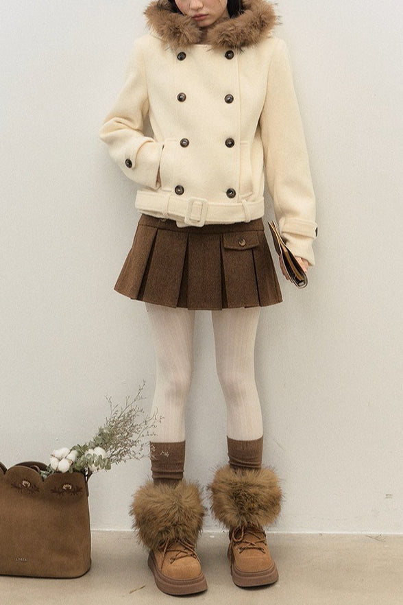 Casaco de Lã Grosso com Capuz, Abotoamento Duplo e Cintura Ajustada