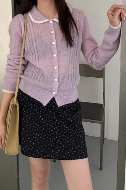 Cardigã de Malha Leve de Lã com Gola Peter Pan de Renda