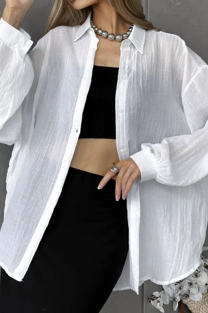 Blusa Casual Chic de Manga Longa e Cor Sólida