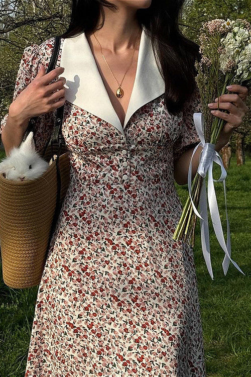 Maxikleid mit Puffärmeln, Digitaldruck, Peter-Pan-Kragen und hoher Taille, floral