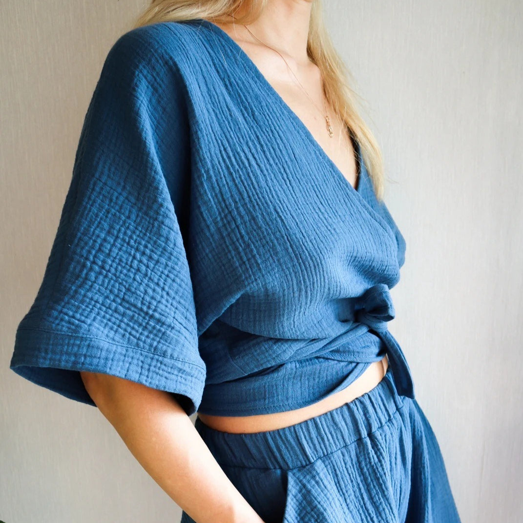 Minimalist Solid Cotton Tie Side Blouse