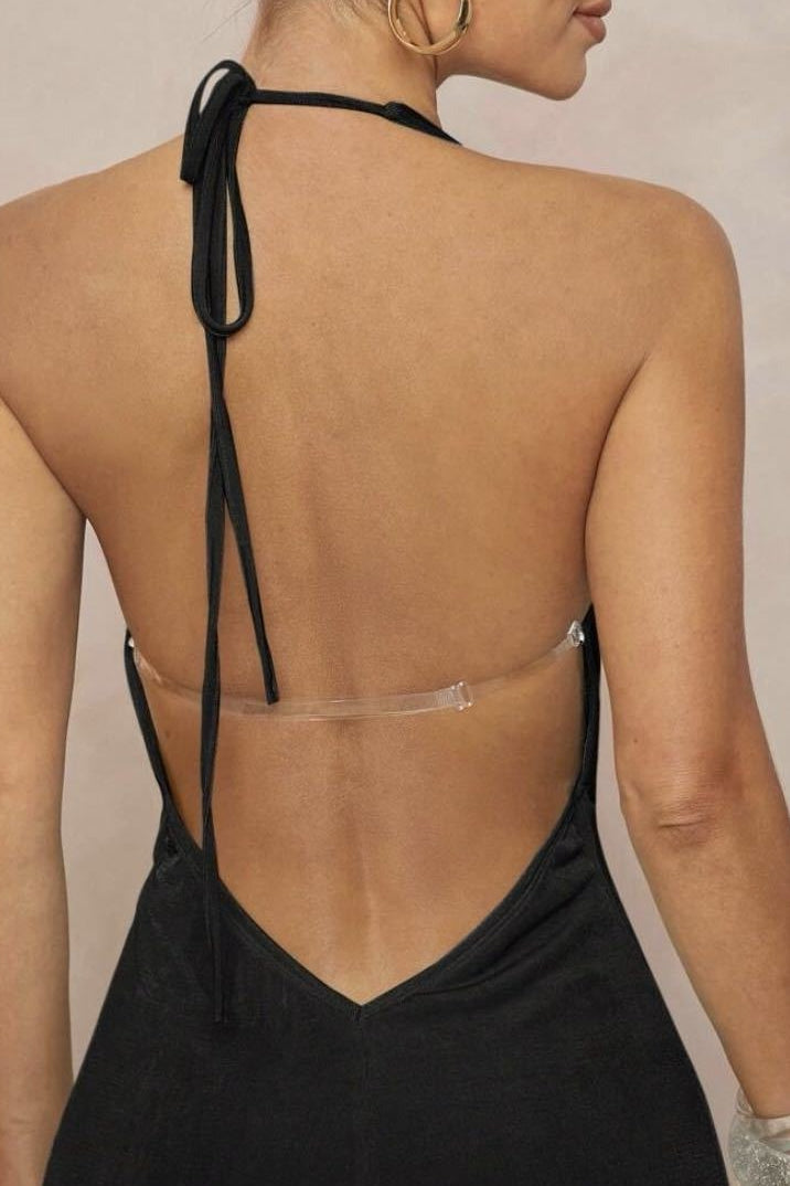 Maxikleid mit tiefem V-Ausschnitt, gerafftem Träger, Metallbesatz und rückenfrei