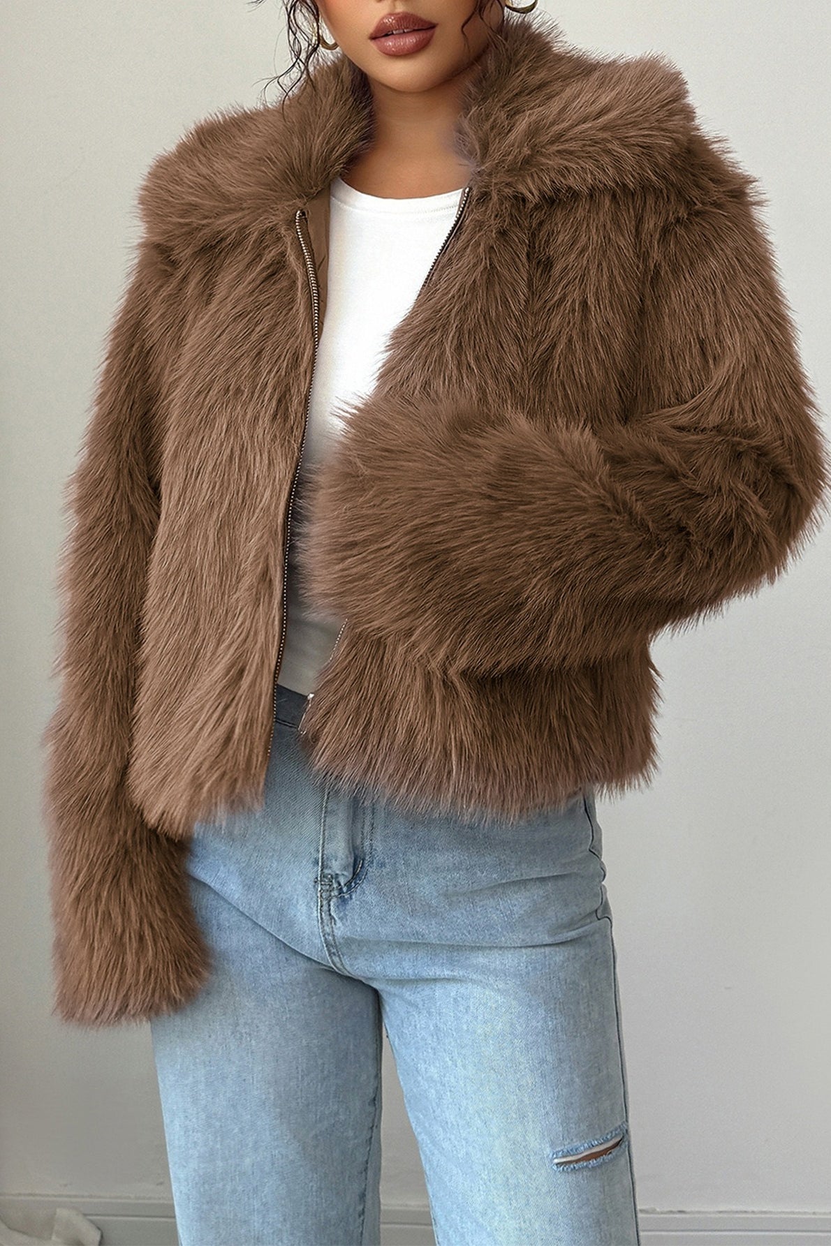 Manteau long élégant à manches longues en peluche