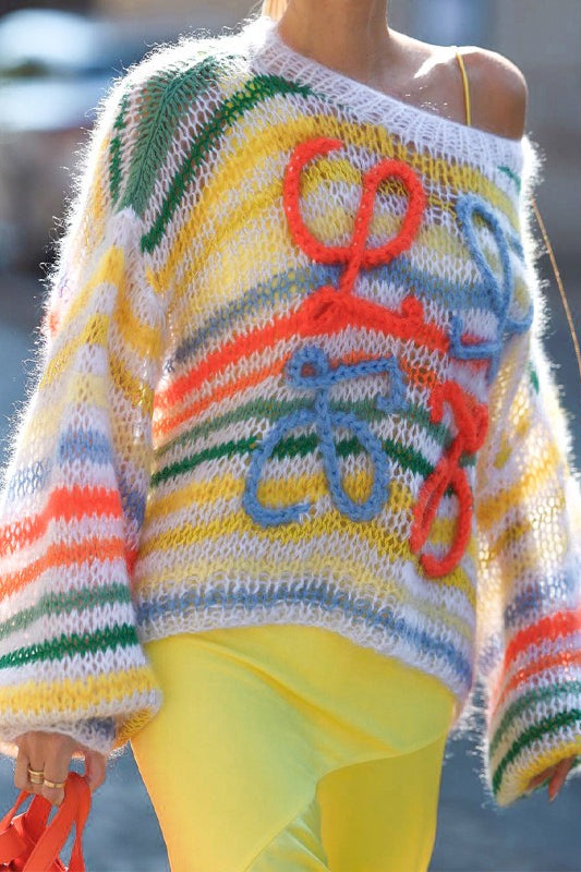 Blusa Pulôver Solta de Tricô com Listras Coloridas