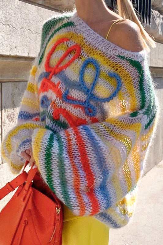 Blusa Pulôver Solta de Tricô com Listras Coloridas