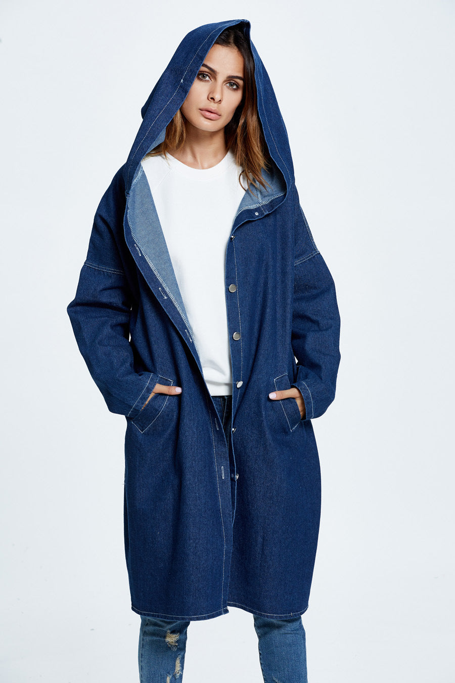 Long Hooded Denim Coat