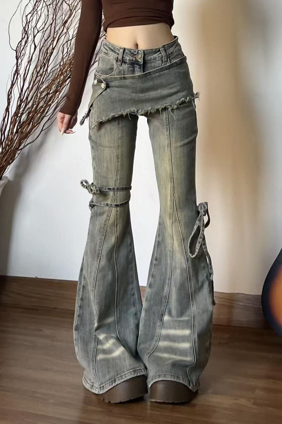 Vaqueros de talle alto con cinturón falso de dos piezas estilo bota vintage