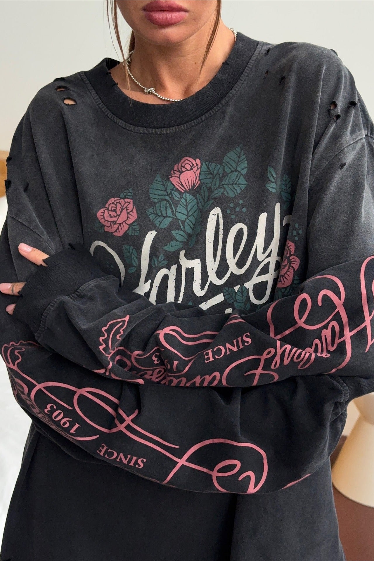 Vintage Distressed Rose Print Sweatshirt