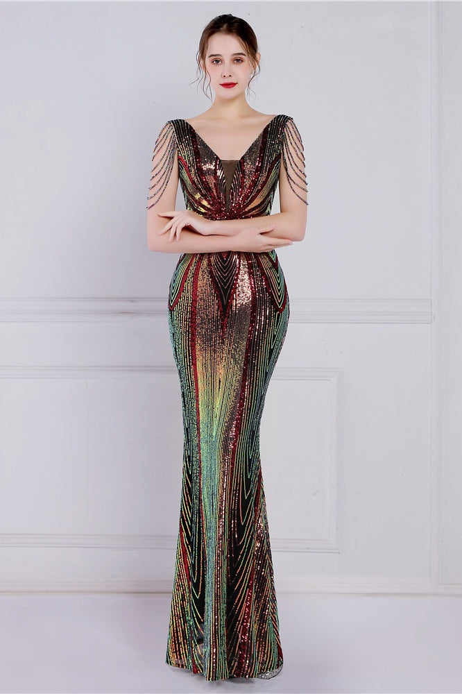 Vestido de fiesta sirena con lentejuelas y flores de cuentas