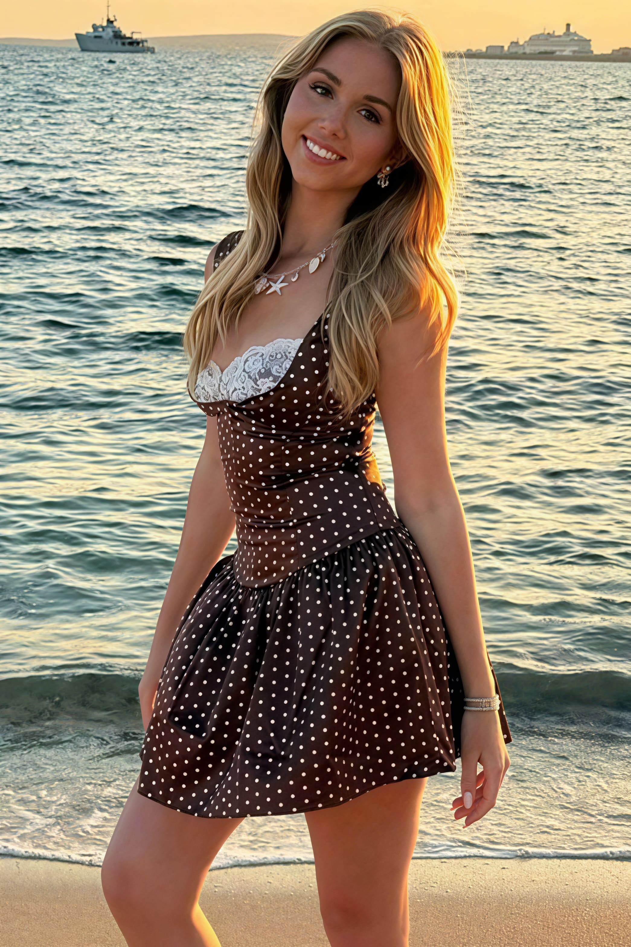 Spitzenbesetztes Patchwork-Kleid mit Tupfen und Trägern, Mini-Länge