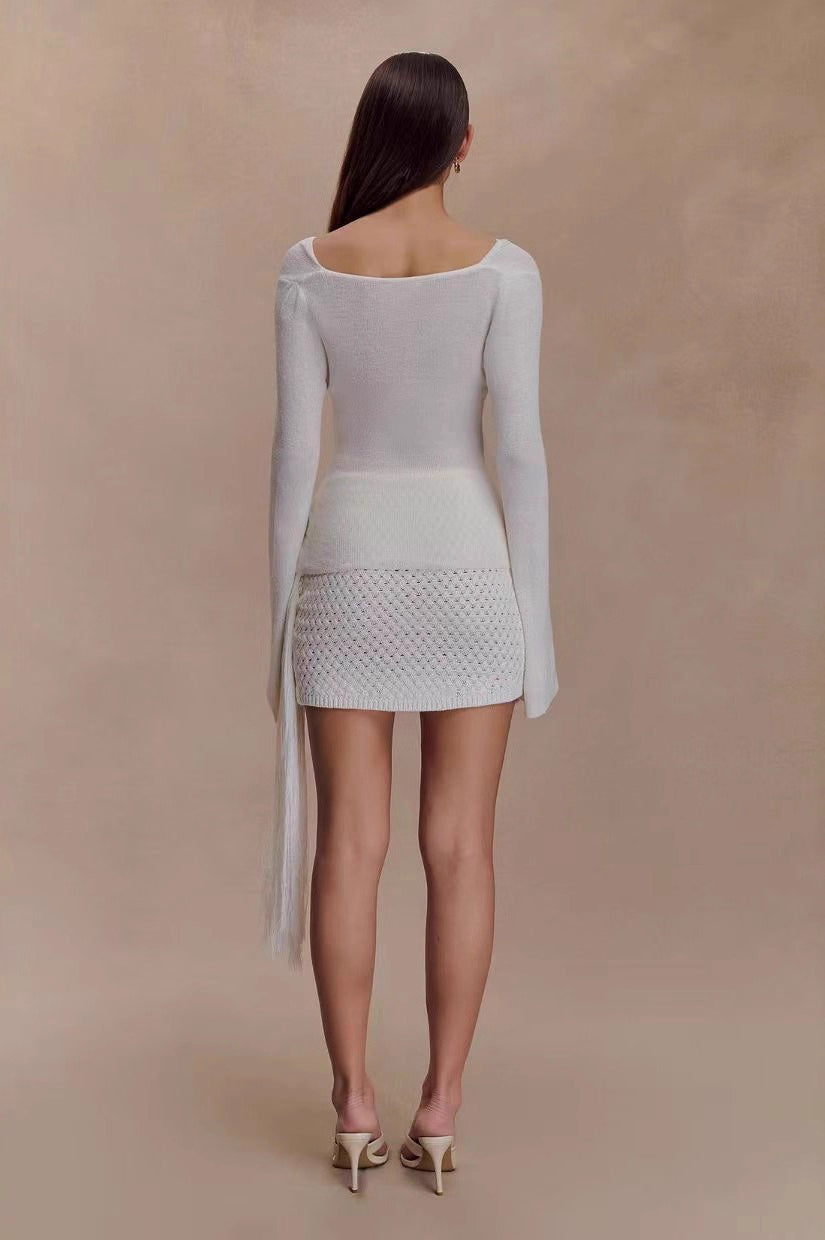 Sexy Slim-Fit Waist-Cinched Lace-Knit U-Neck Sweater