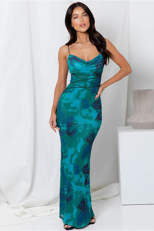 Backless Lace Up Slim Spaghetti Strap Floral Dress