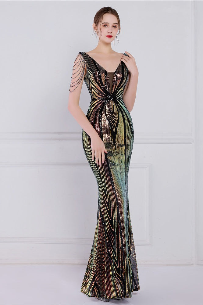 Vestido de fiesta sirena con lentejuelas y flores de cuentas