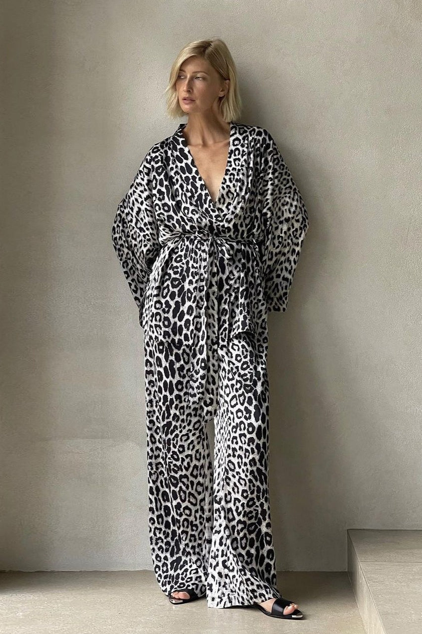 Chic Printed Long-Sleeve Shirt Belted Wide-Leg Pants Two Piece Set