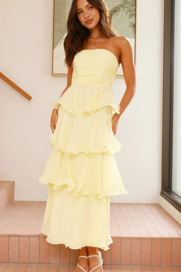 Fashion Strapless Backless Ruffle Tiered Midi Dress