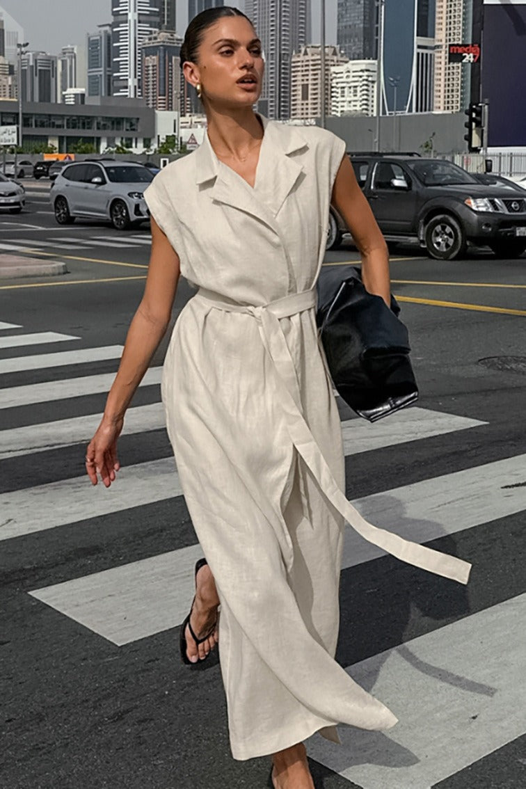 Abito lungo a vita alta in lino e cotone con spacco e cintura