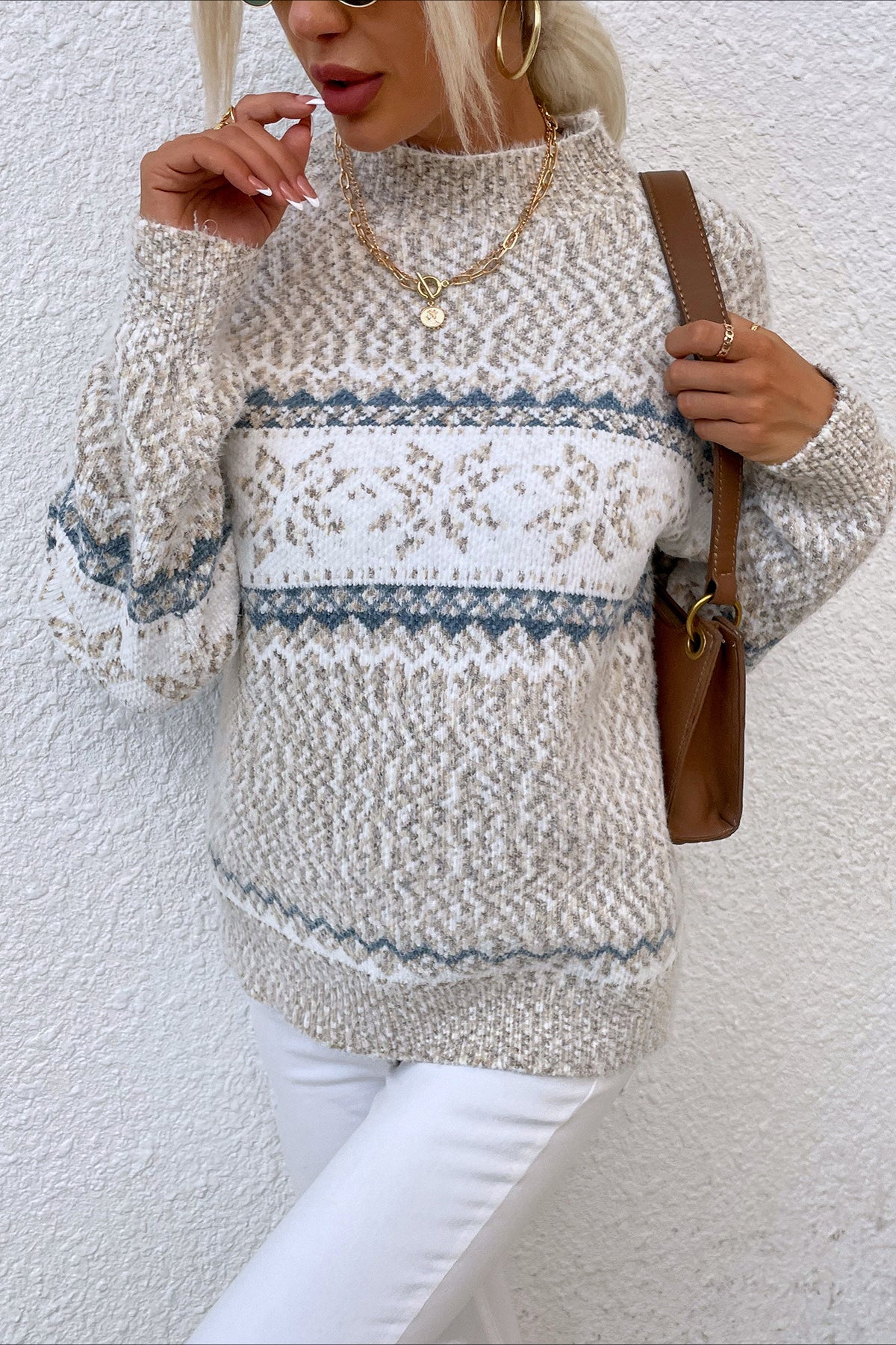 Knit Half-High Neck Snowflake Pullover Sweater