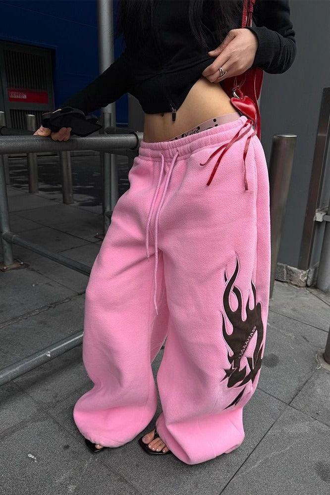Thickened Flame Print Drawstring Wide-Leg Pants