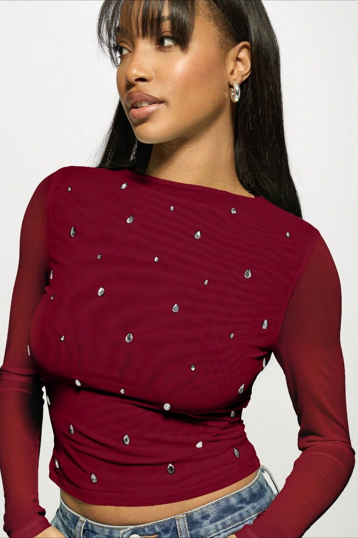 Camiseta de Manga Longa Chique com Duas Camadas de Tule e Strass