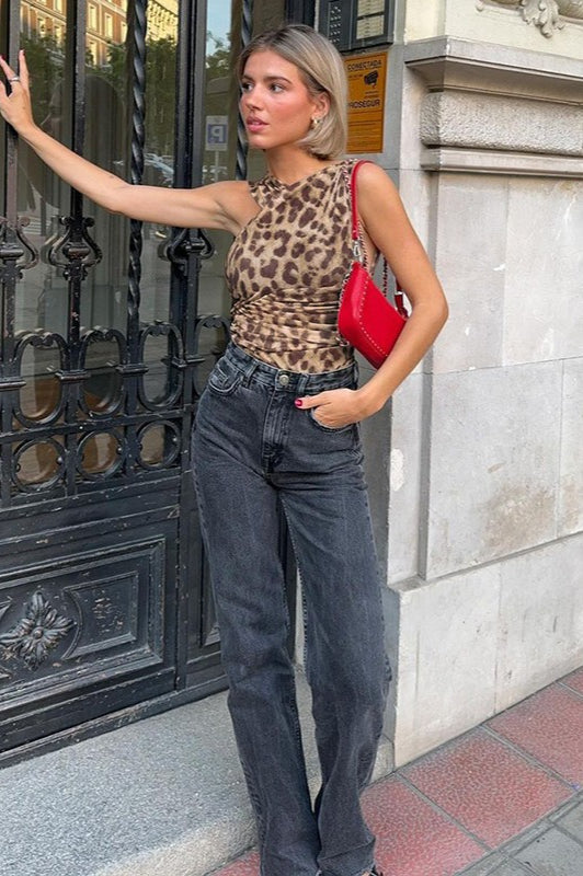 Gerüschtes Leopardenmuster-Körperanzug-Bauchfreies Oberteil