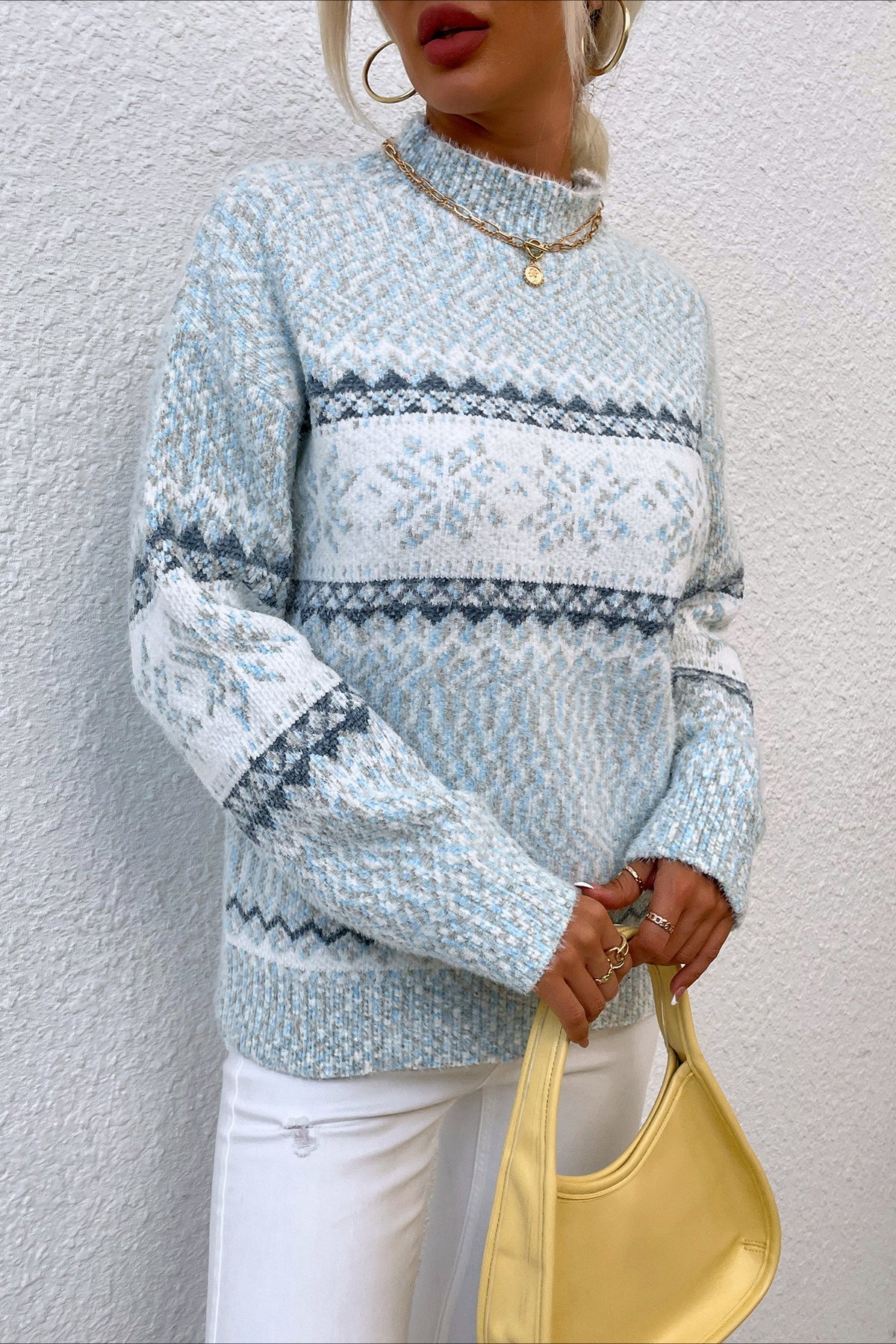Knit Half-High Neck Snowflake Pullover Sweater