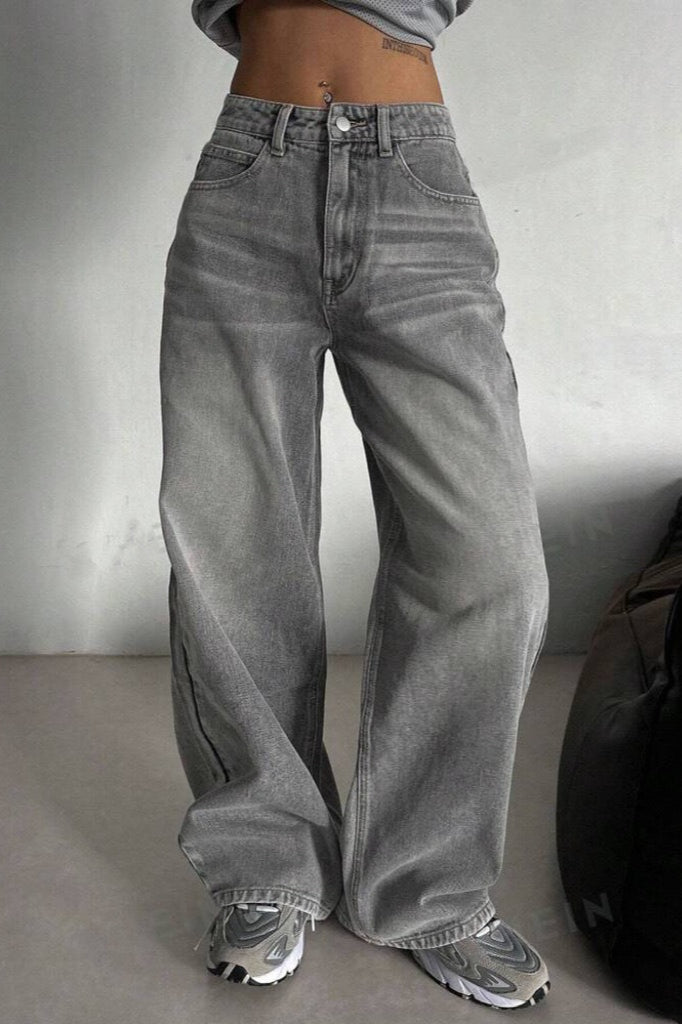 Jeans de pierna recta gris cemento de talle alto