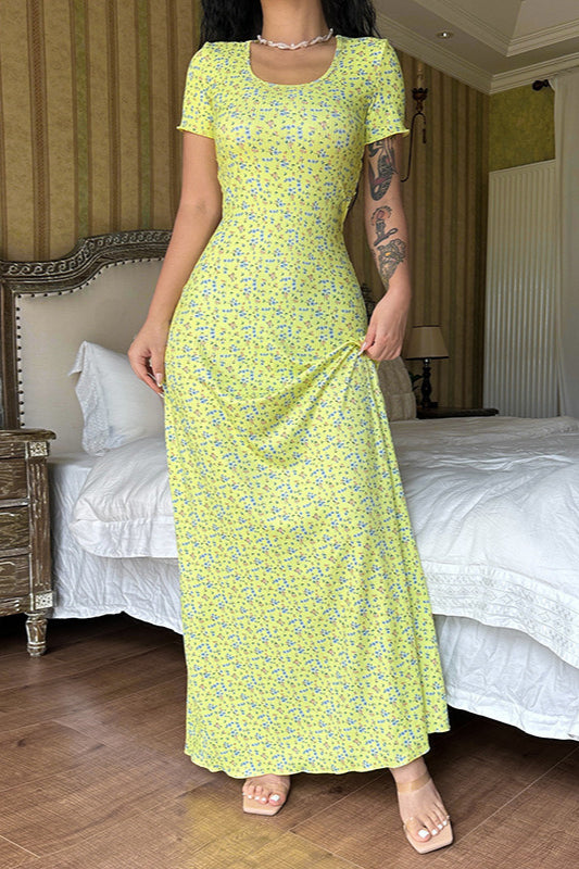 Short Sleeve U Neck Back Strap Floral Dress