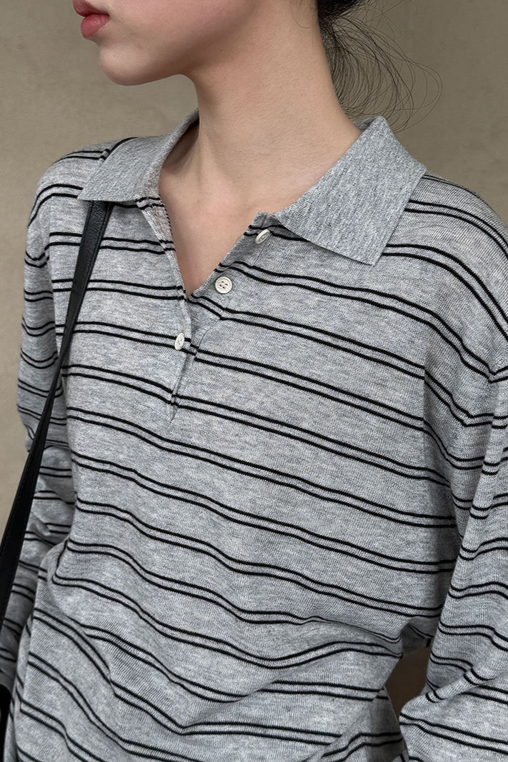 Maglia a maniche lunghe con collo polo a righe in lana morbida
