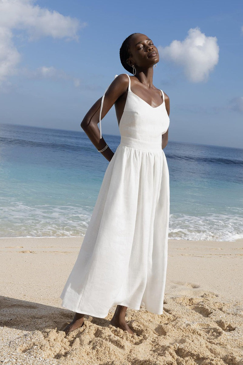 Cotton V Neck Spaghetti Strap Elegant Tie Backless Midi Dress