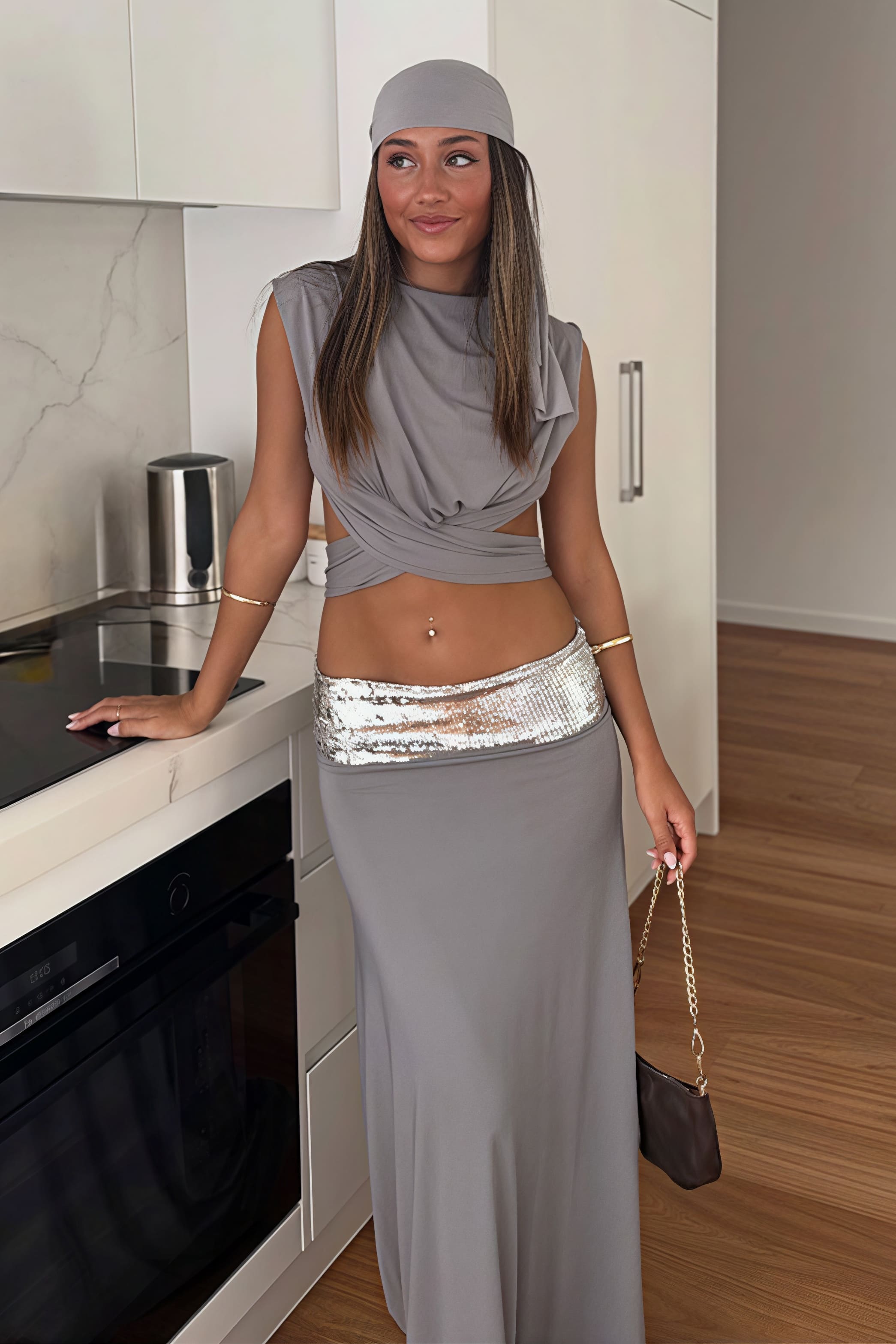Solid Backless Tie Top Sequin Maxi Skirt Set