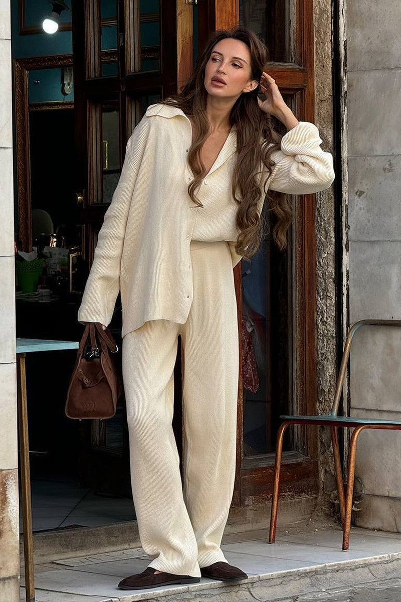 Knit Ribbed Collar Long Sleeve Loose Two Piece Set