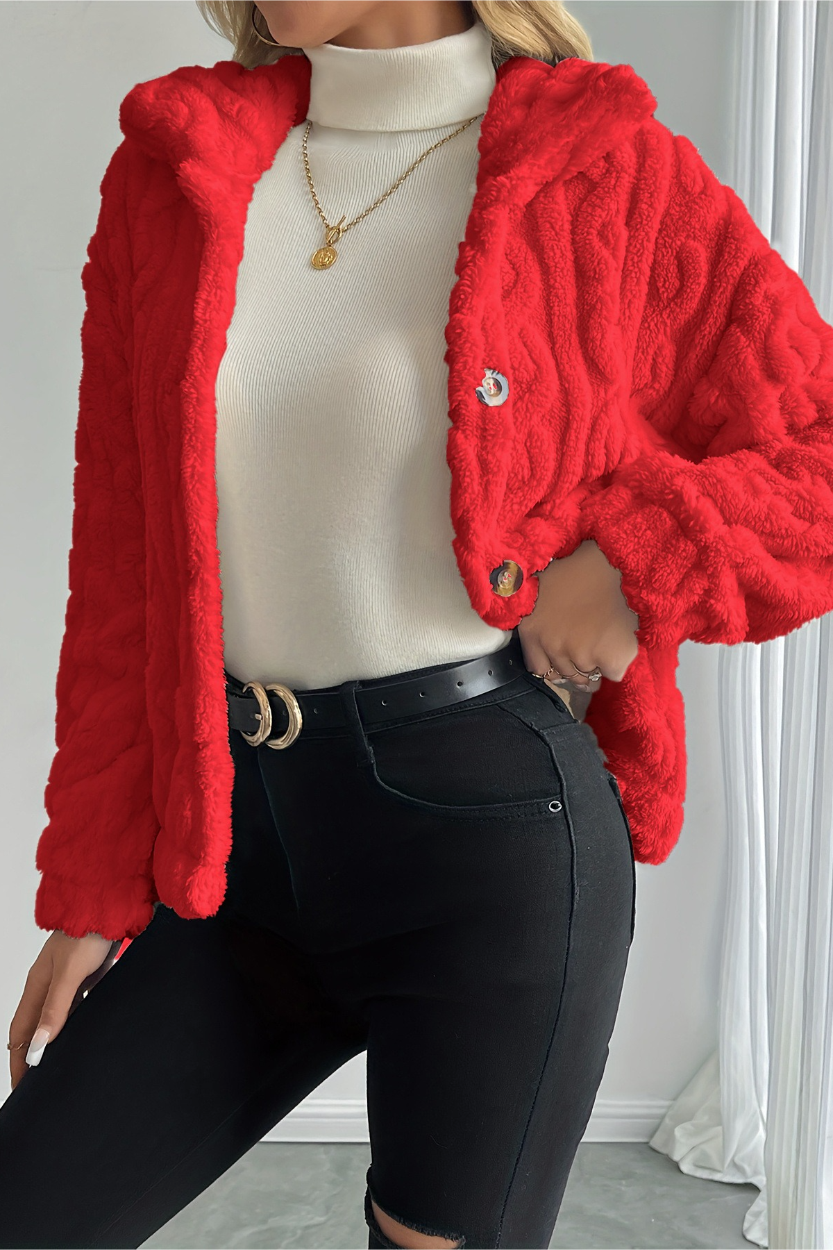 Double Fleece Cable Knit Soft Plush Warm Coat