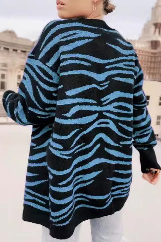Casual Buttoned Zebra Knit Cardigan