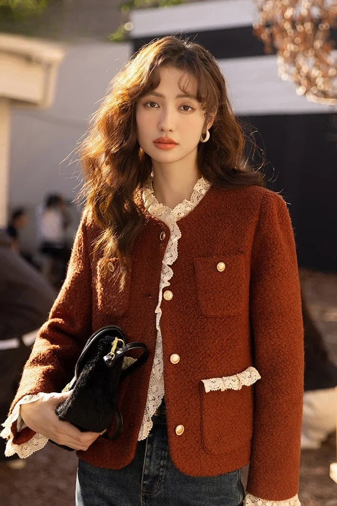 Retro Lace Splicing Wool Jacket