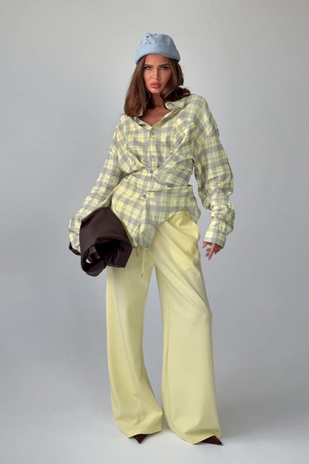 Color-block Plaid Belted Long Sleeve Blouse