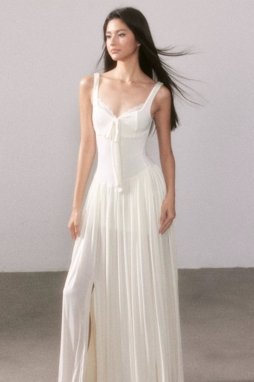 Spitzenstrick-Trägertop mit Schlitz, fließendes Maxikleid